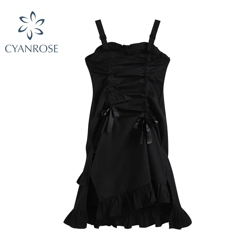 Готический стиль черная высокая талия женские спагетти ремешок платье лето мода старинные ретро лук ruched вечеринка черное женское платье 210417