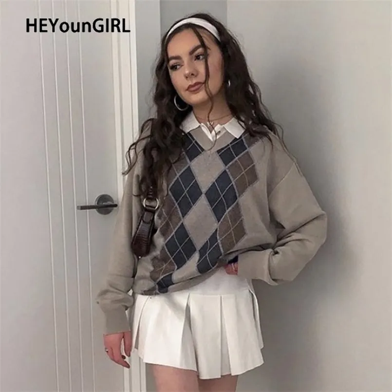 Heyoungirl preppy stijl vintage v-hals trui vrouwen herfst casual argyle plaid jumper vrouwelijke koreaanse mode trui winter 210917