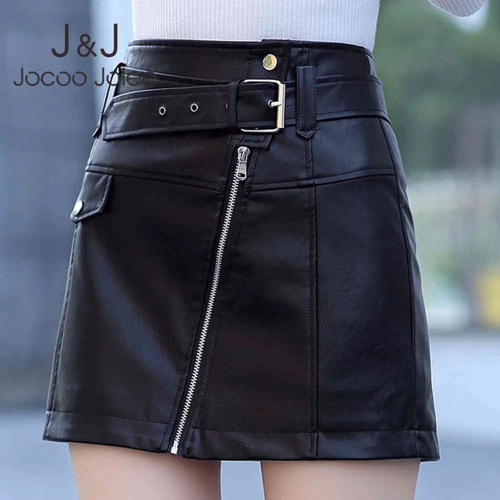 Jocoo Jolee Femmes Mode Taille Haute Noir PU Cuir Jupes Bureau Lady Slim Mini Jupe Casual Faux Cuir Mini A-ligne Jupes 210518