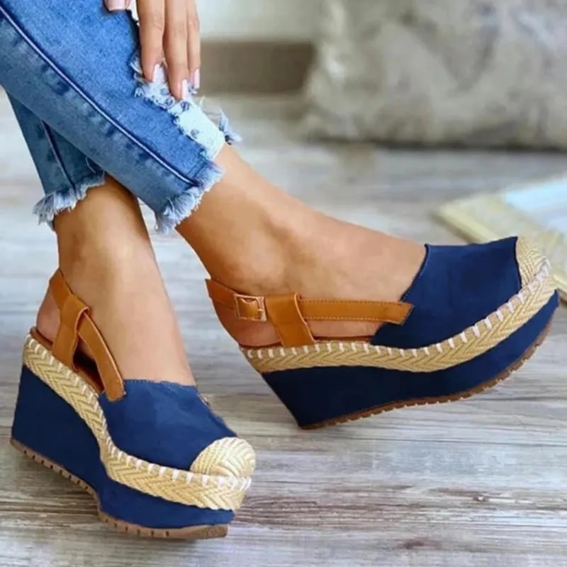 Sandalen Damen Einfarbig Mode Sommer Lässig Gewebt Steigung Schnalle Damen Schuhe Runde Zehe Hochhackige Trend Elegant