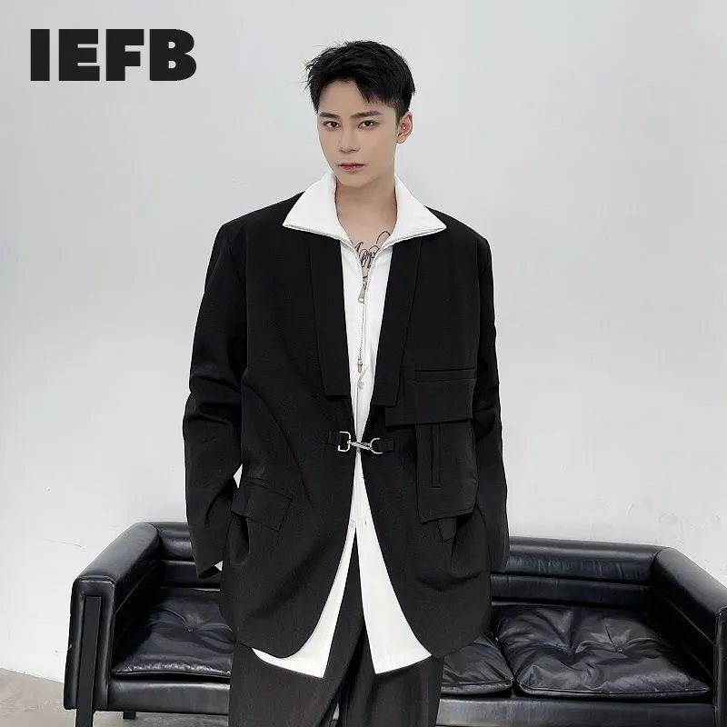 IEFB Trendy Metal Button Design Mäns Blazer Functional Style Fashion Oversized Dräkt Coat Black White Clothes 9Y4975 210524