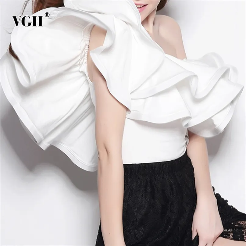 Witte Patchwork Casual Shirts voor Vrouwen Slash Neck Mouwloze ruches Onregelmatige vaste blouses Vrouwelijke kleding Zomer 210531