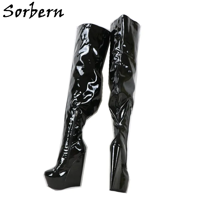 Sorbern Stiefel mit super schmalem Absatz für Damen, mit Schritt, Oberschenkel und Keilabsatz, maßgeschneidert, breite Waden, schmal geschnittene Beine