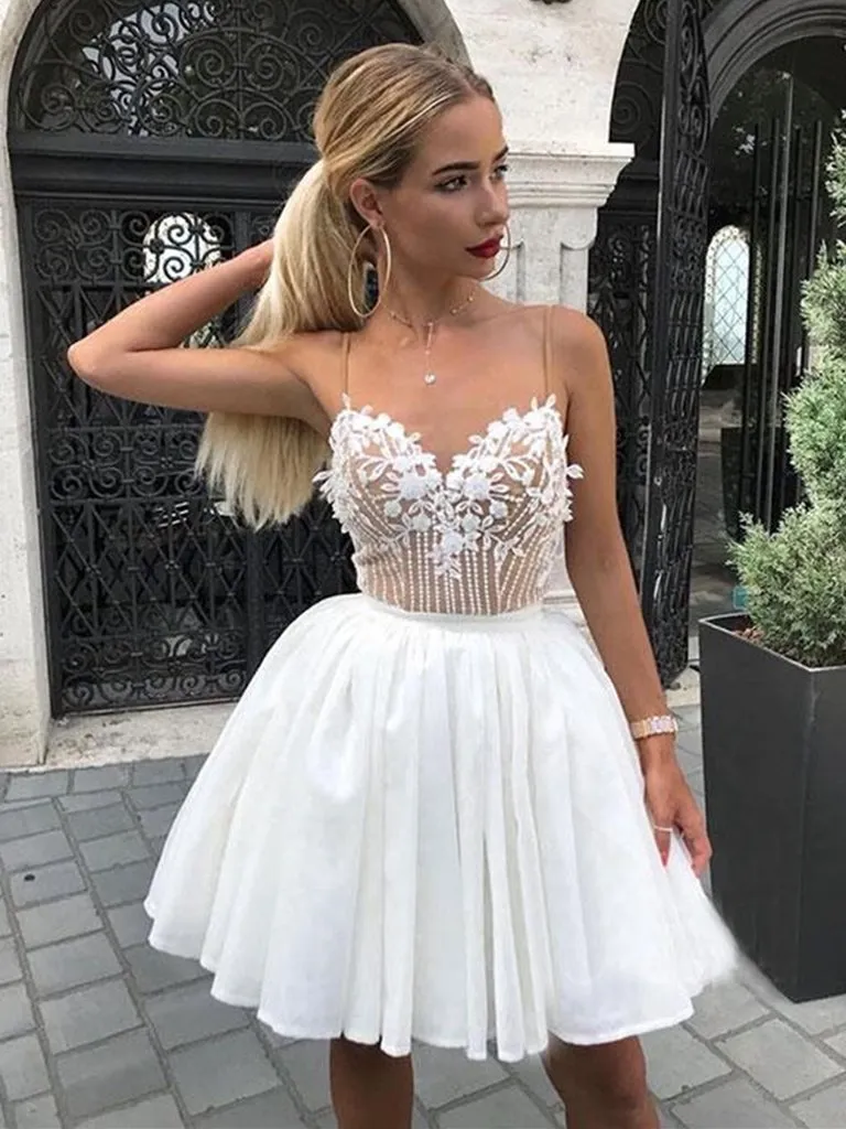 Hübsches Design, kurzes Abschlusskleid mit Spitzenapplikationen, Spaghettiträgern, A-Linie, Heimkehr-Partykleider, Robe de Soiree, nach Maß