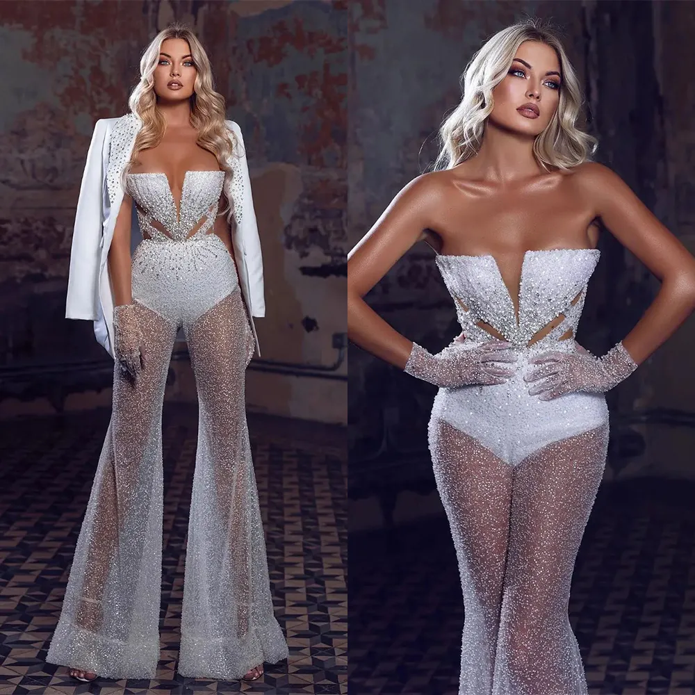 2 Sztuk Glamorous Prom Dresses Blazer Kombinezon Suknia Wieczorowa Niestandardowe Cekiny Zroszony Off Ramię Długość Floor Długość Celebrity Party Suknia