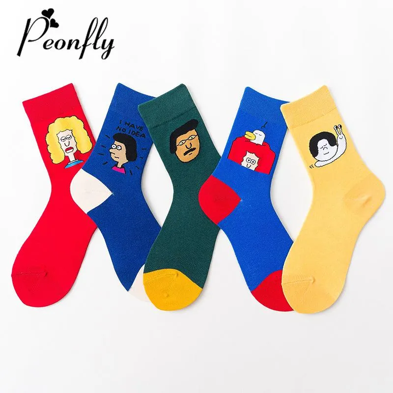 Socken Strumpfwaren PEONFLY 2021 Herbst Winter Cartoon Frauen Lustige Charakter Muster Glücklich Harajuku Kawaii Baumwolle Skarpetki