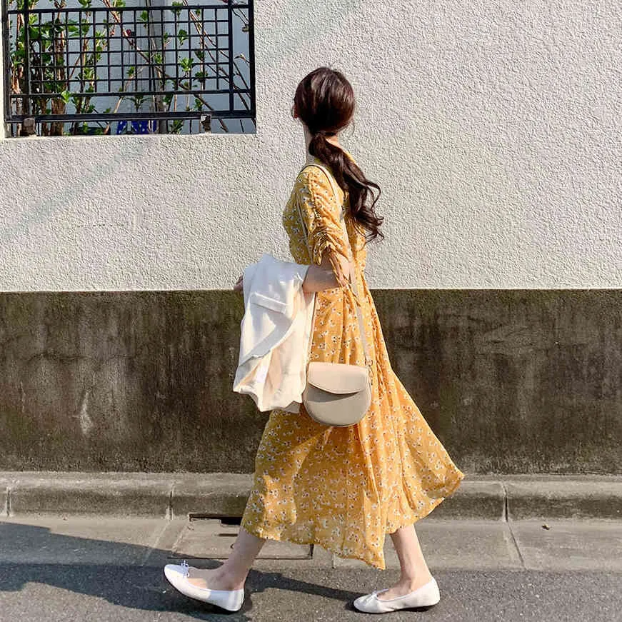 S-XL été col en v robe jaune Boho OL décontracté en mousseline de soie imprimé à manches courtes femmes robes femme Robe Vestido 210417