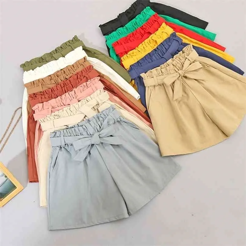 Elastisk midja slips båge lösa bomull shorts kvinna sommar koreanska ruffles bredben för kvinnor vilda casual shorts 210724