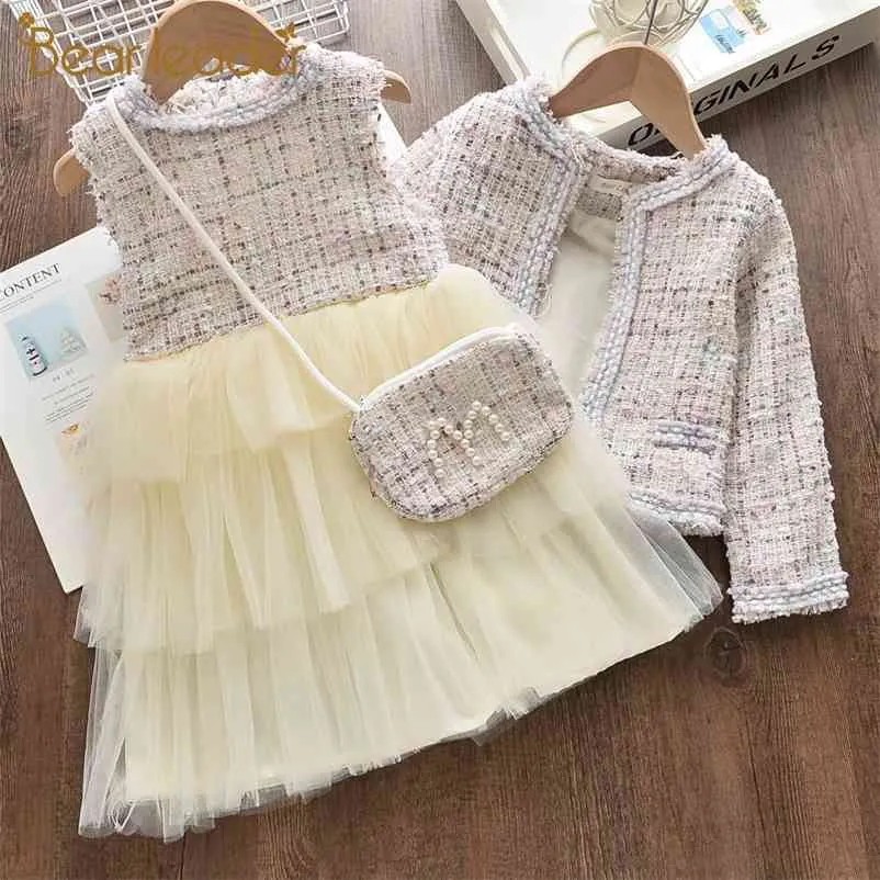 Girls Children's Sets Autumn Princess Outfits Elegant Winter Mesh Suits Cute Kid Children Clothing with Bag 210429