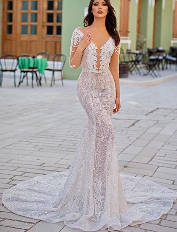 Árabe aso ebi 2021 sirena brillante vestidos de boda sexys de cuello transparente mangas largas vestidos de novia lentejados zj477