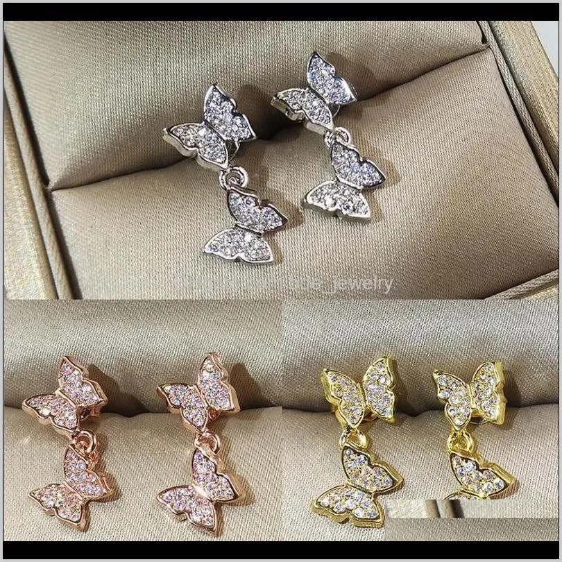 Stud Earrings Jewelry Arrival Luxury Jewelry 925 Sterling Sier&Rose Gold Fill Pave 5A White Clear Cubic Zirconia Butterfly Women Earring For