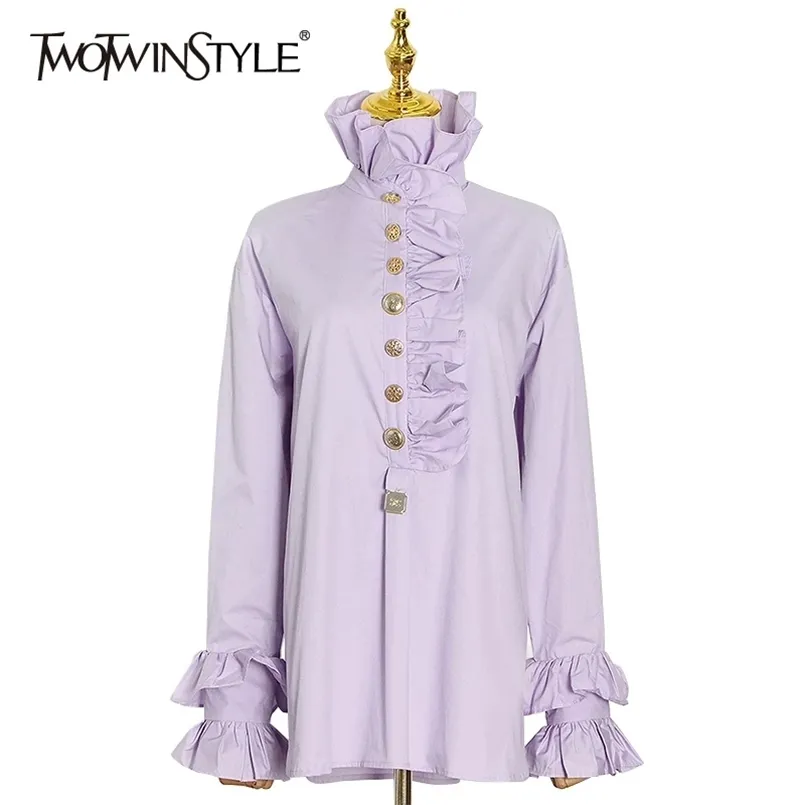 Elegant Patchwork Ruffle Shirt For Women Turtleneck Flare Long Sleeve Casual Solid Blouse Female Fashion Style 210524