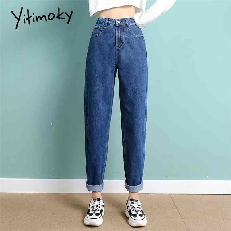 Yitimoky taille haute jean femme droite bleu ciel Denim pantalon grande taille élastique lavé décontracté Vintage Streetwear maman femmes 210809