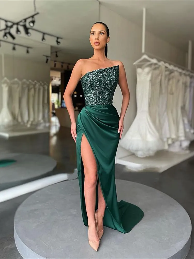 Dark Green Long Side Slit Prom Dress Gown Sleeveless Sequins Floor Length Mermaid Bling Night Party Evening Dresses