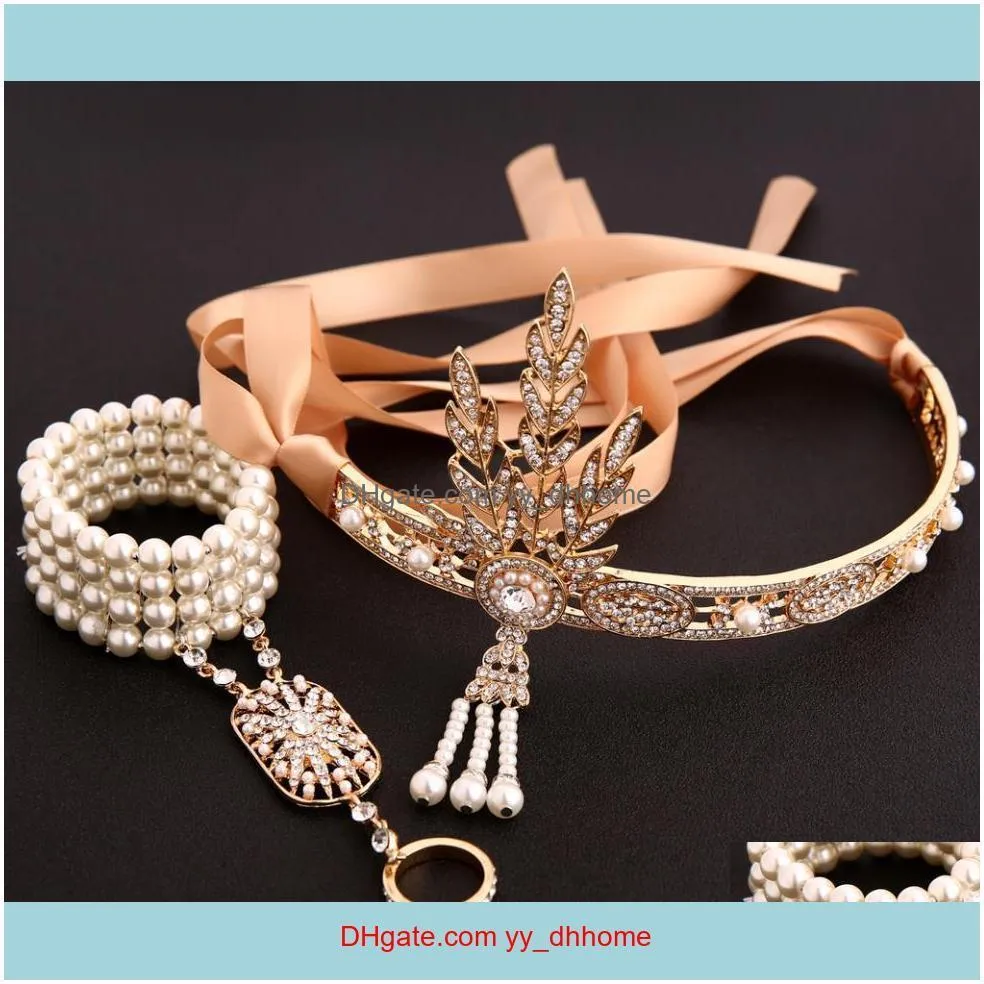 Fashion luxury designer vintage diamond leaves pearl tassel crown satin wedding bridal headband hair jewelry pearl charm bracelets set