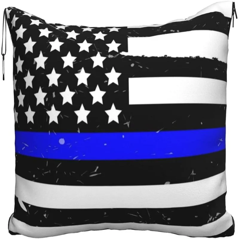 Blankets Blue And White American Flag Travel Pillow Blanket Two-in-one Backpack Strap Compact Airplane Bag Waist Support 60x43 Inches