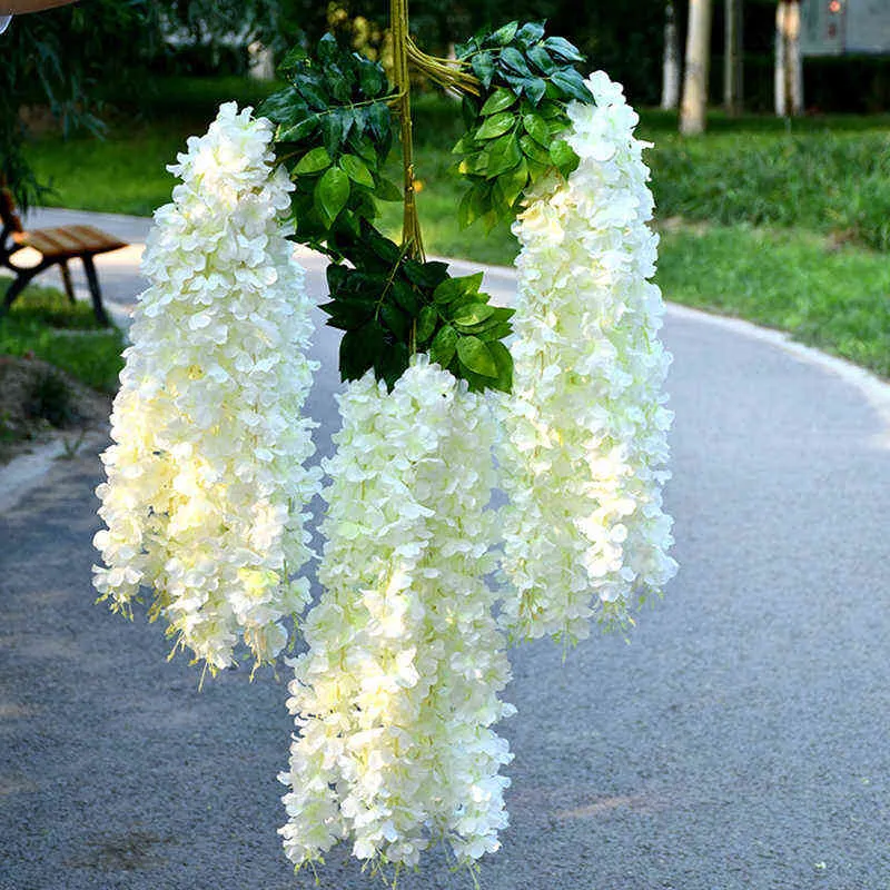 Konstgjord Wisteria Falsk violett takblomma Rattan Bröllop Familj Trädgård El Korridor Vardagsrum Kontorsdekoration 211108