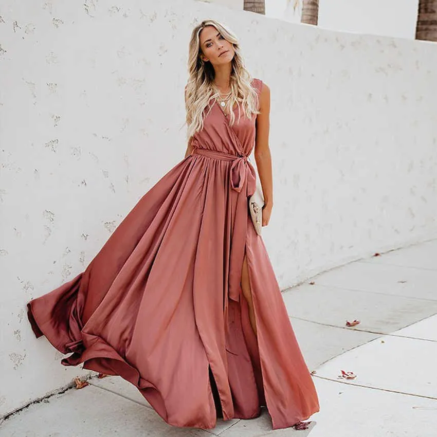 2021 Ladies Evening Dress Solid Color Summer Long Skirt Bohemian Style Sleeveless Dress Beach Wear XL V Neck Tie Split Long Y1006