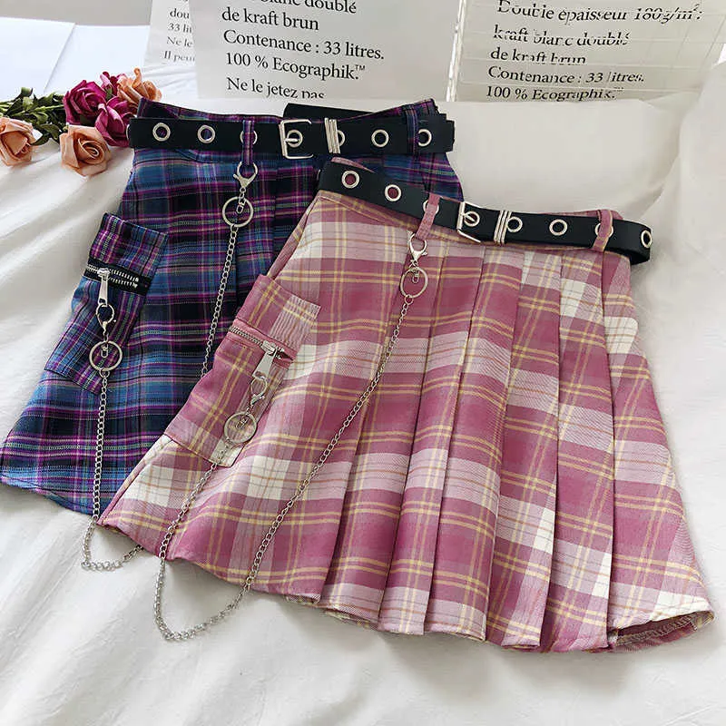 Harajuku plaid kjol kvinnor y2k hög midja mini tennis kjolar enhetlig kedja ficka A-line streetwear vintage free bälte 210708