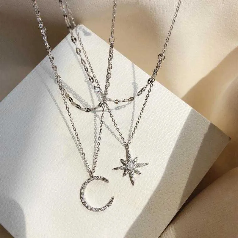 S925 prata esterlina estrela lua duplo colar feminino clavícula corrente brilhante diamante moda jóias acessórios 2024novo