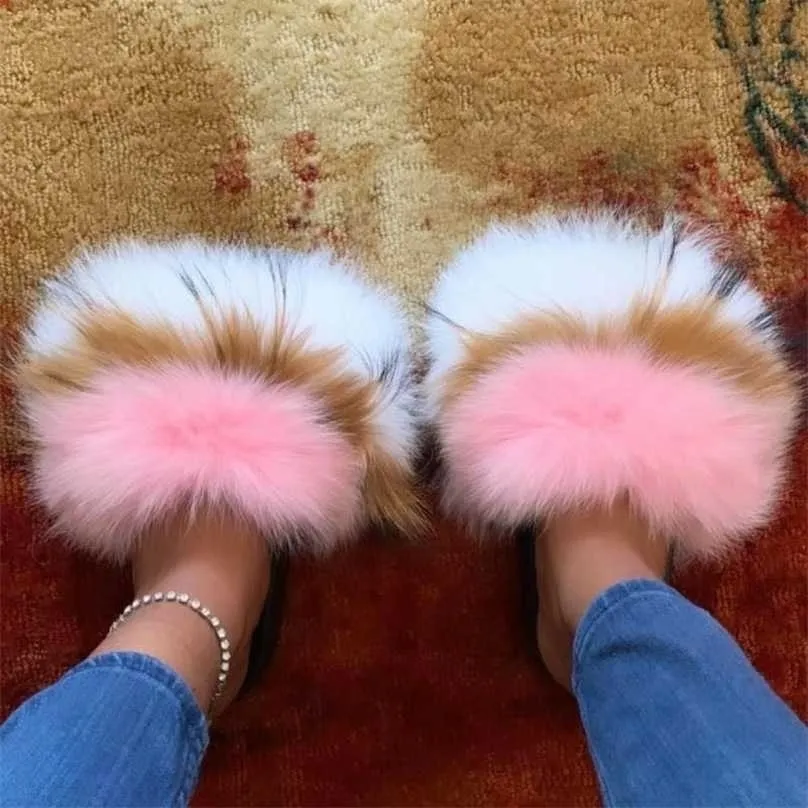 Women's Real Fur Slippers Girl's Plush Fluffy Slides Ladies Furry House Shoes Female Cute Indoor Flip Flops Large Size 35-45 211110