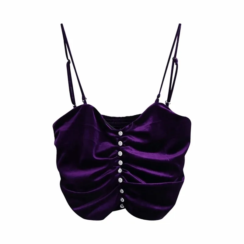 Sexig kvinna lila spaghetti rem sammet korta toppar våren mode damer pläterad camisole kvinnlig diamant knäppas topp 210515