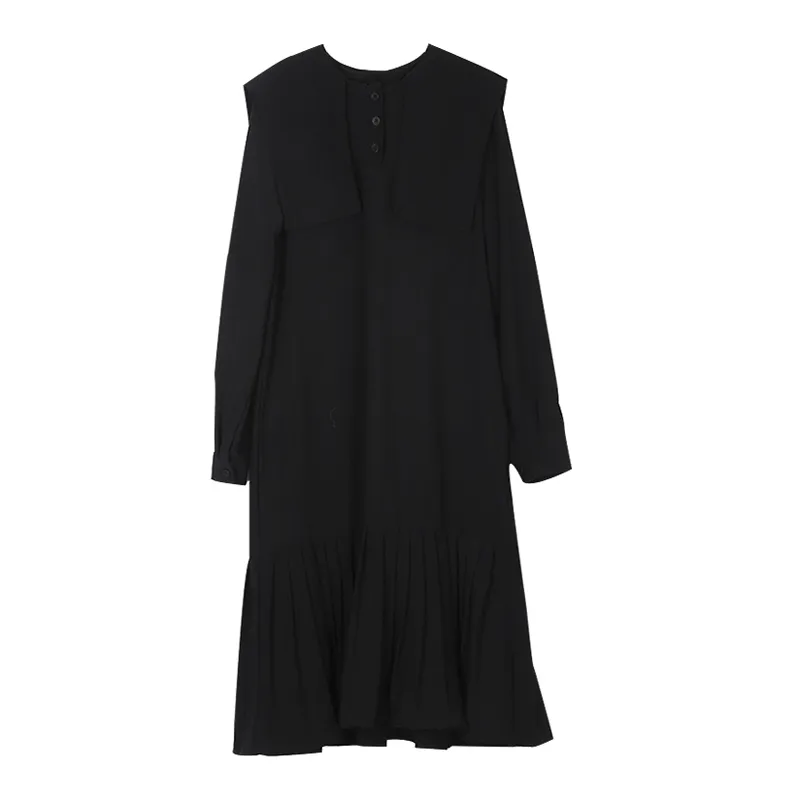 Черное длинное рукав сплошное коленное платье платье моряка воротник кнопка осенью зима элегантный D1684 210514