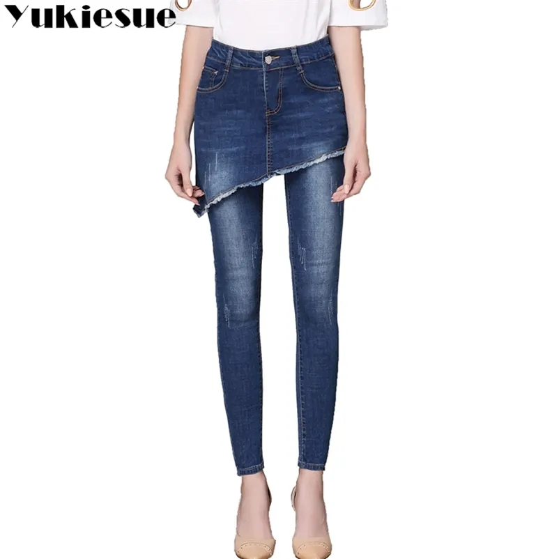 Джинсы вышивания джинсы женские высокие WASIT старинные джинсовые женщины худые длинные карандаш брюки юбка плюс размер 210629