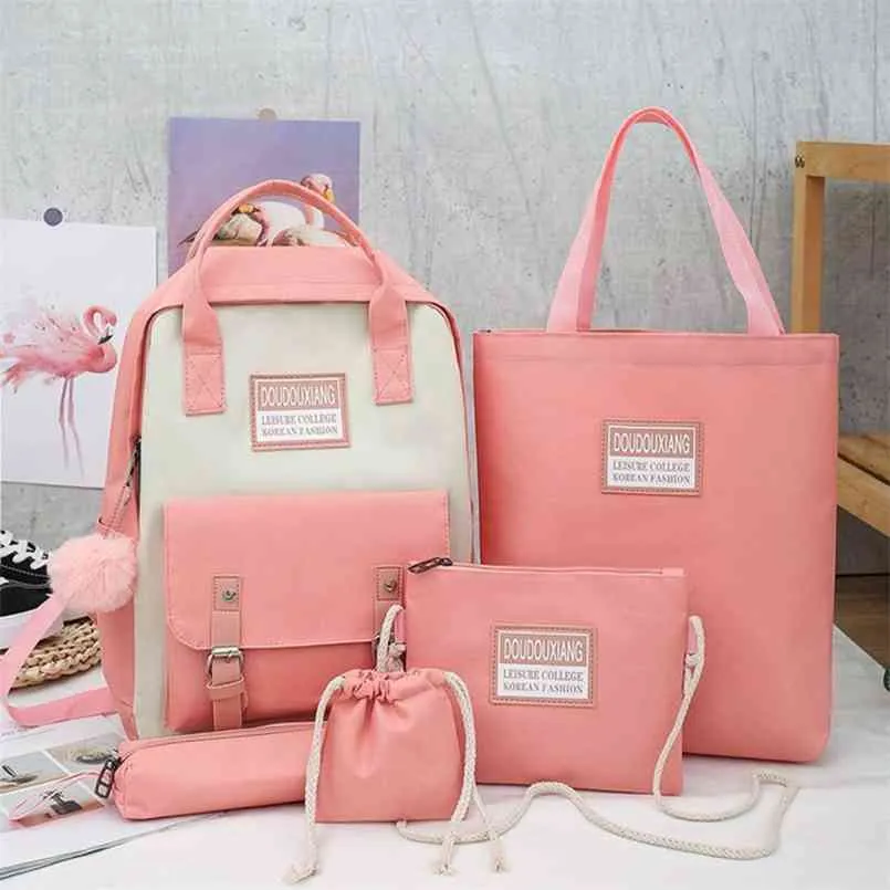 5 Piece Set School Bags for Teenage Girls Canvas Travel Backpack Women Bookbags Teen Student Schoolbag Bolsas Escolar 210809