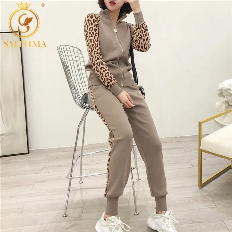 Ankunft Frauen Leopard Print Stricken Reißverschluss Strickjacken + Bleistift Hosen 2PCS Casual Trainingsanzüge Jacke Hosen Sets 210520