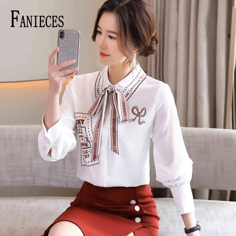 Koszule Kobiety Wiosna Jesień Z Długim Rękawem Eleganckie Work Wear Topy Koreański Moda Biała Bluzka Bluzki Femme 210520