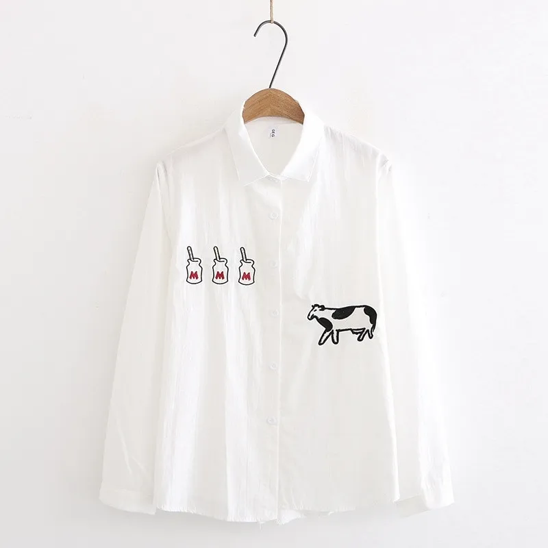 H.SA牛の瓶刺繍女性ブラウスターンダウンカラーシャツトップスストライプボタン長袖緩い女性作業ブラウス210417