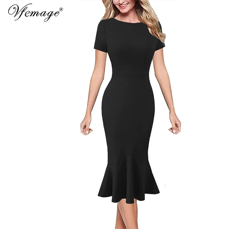 Vfemage mulheres elegante vintage floral laço leopardo outono escritório noite festa bodycon lápis sereia midi vestido 1090 210409