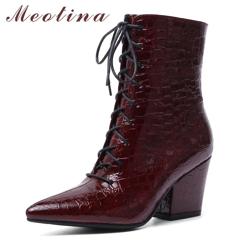 Botas de Autumn Botas de Ankle Mulheres Zipper Grosso Alto Salto Curto Lace Up Winted Toe Shoes Feminino Inverno Grande Tamanho 34-43 210517