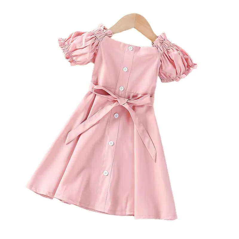 Vestidos de niña Vestido dulce para niñas pequeñas Rosa Sólido Manga farol Longitud media Cinturón de lazo plisado Cuello de barco Vendaje Princesa Niña