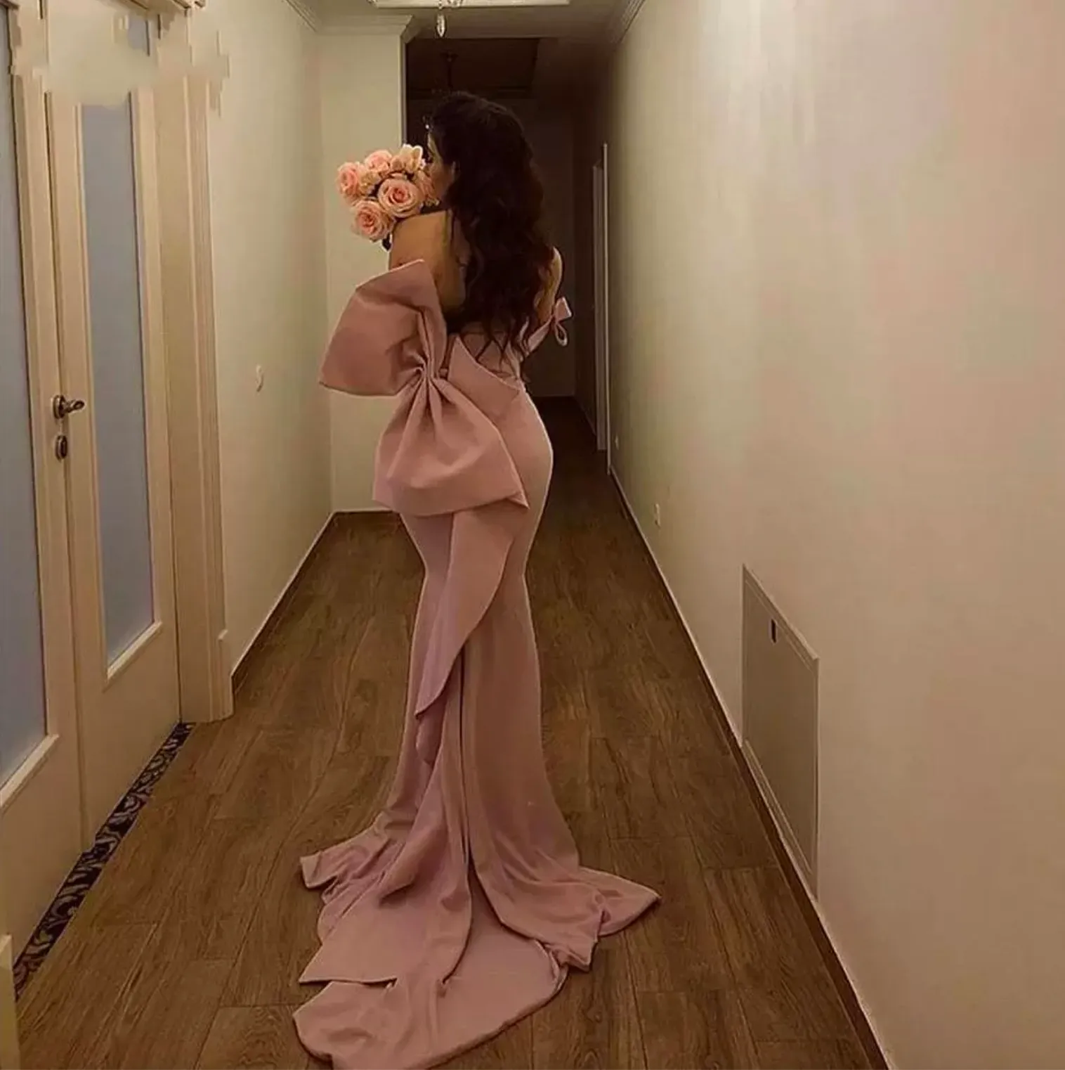 Off-Shoulder Nude Mermaid bridesmaid dress with Big Bow and Satin Fabric - Elegant Wedding Guest Gown (L139 0509)