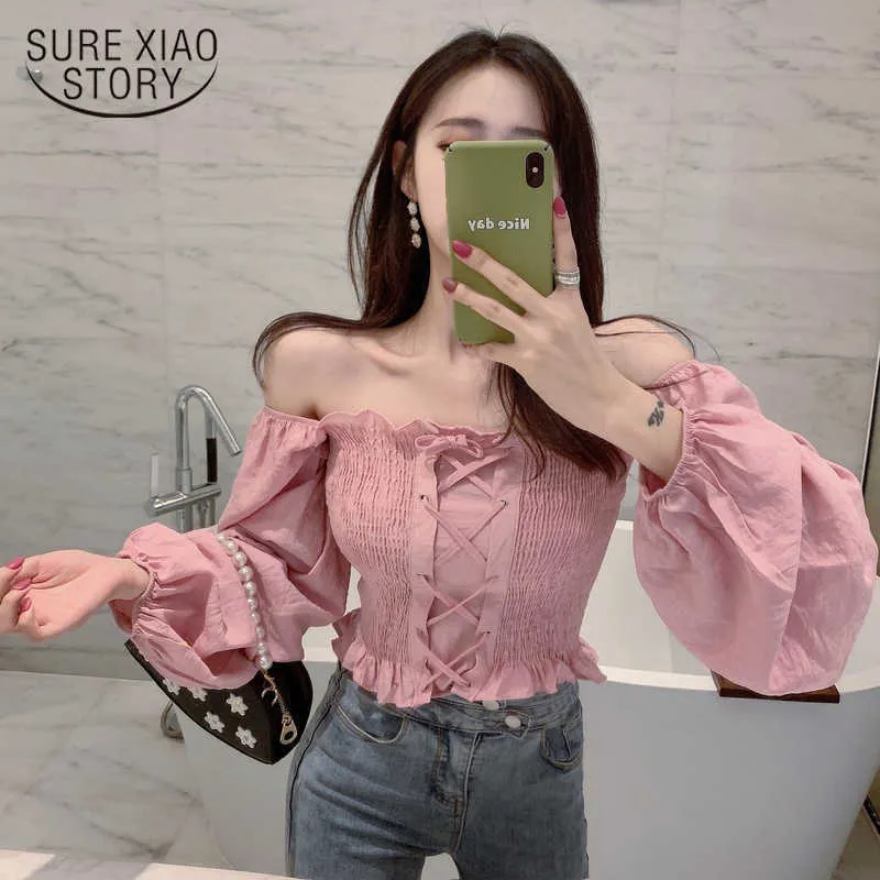 Girls Sweet Ruffles Slash Neck Full Lantern Sleeve Cropped Blouse Women's Solid Lace Up Ruffled Blouse Crop Top For Female 10160 210528