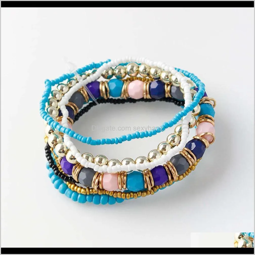 b095 bohemian national style beaded multi layer rice bead mixed color elastic bracelet