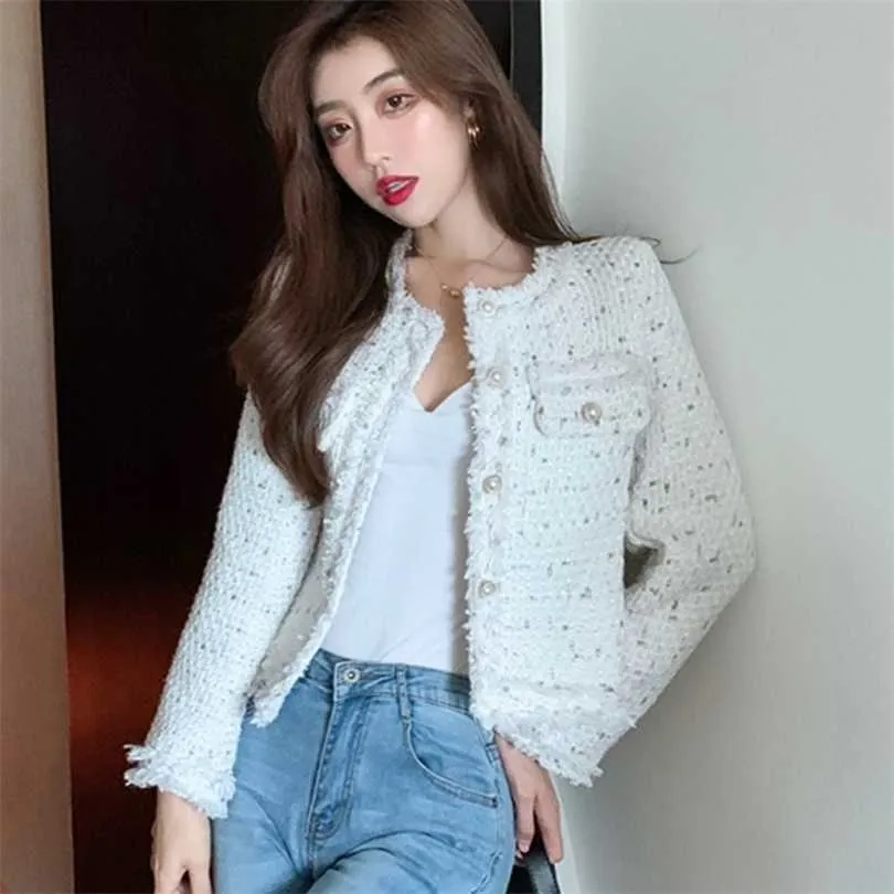 Herfst vrouwen tweed jas hoge kwaliteit kleine geur parel single breasted vrouwen Koreaanse korte elegante jas 211014