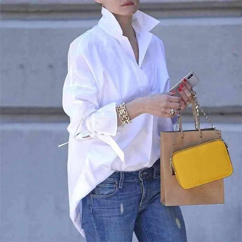 Frauen Weiße Bluse Hemd Langarm Tops Casual Top Revers Pure Plus Größe s 210721