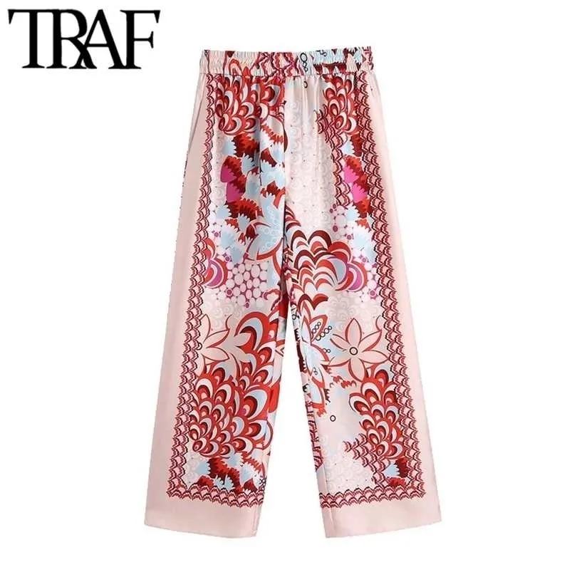 TRAF Femmes Chic Mode Patchwork Floral Imprimer Pantalon à jambes larges Vintage Haute Taille élastique Femme Cheville Pantalon Mujer 211124