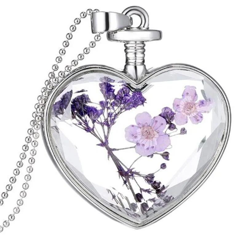 1pc Pressed Flower Pendant Necklace Heart Shape Charm Beaded Chain Sweater Jewelry Accessories Necklaces