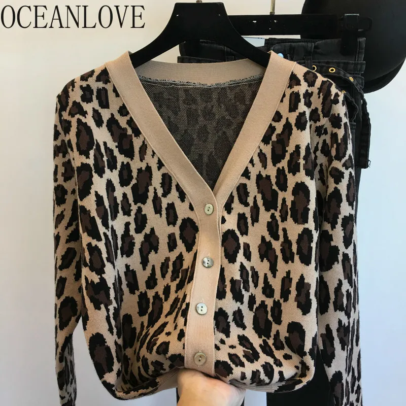 Leopard Sweaters Women V Neck Single Breasted Vintage Cardigans Korean Mujer Chaqueta Fashion Tops 17595 210415
