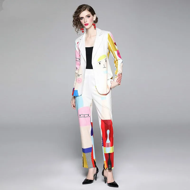 Dwie kawałek sukienki startowy Cartoon Drukuj Kobiety Pant Suit Casual Notched Blazer Jacket + Elastyczna Talia Pocket 2021 Jesień Biuro 2 Zestaw