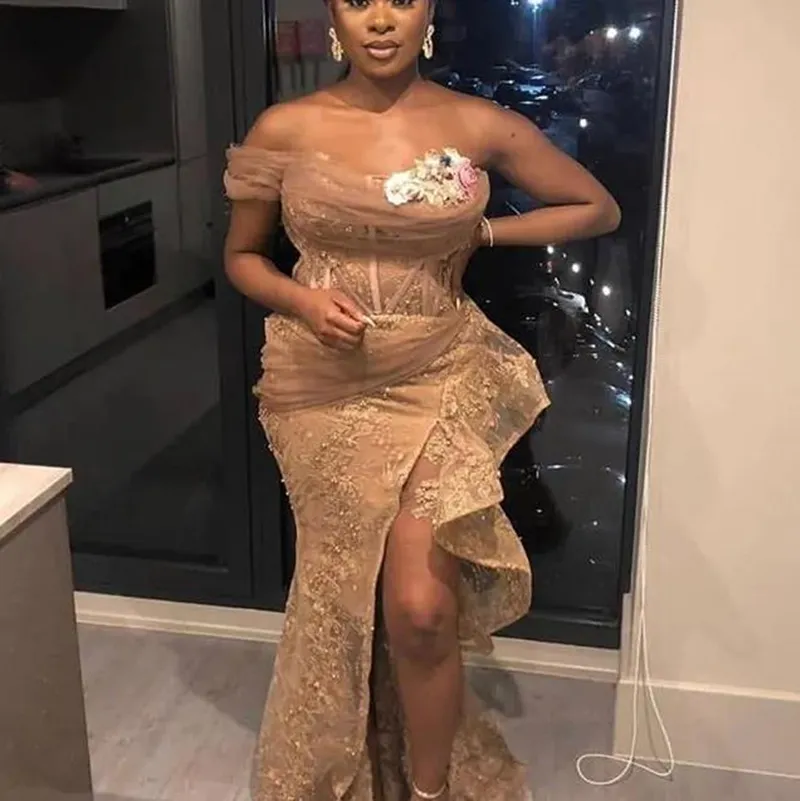 Champagne Lace Corset African Aso Ebi Style Gold Evening Dress With One  Shoulder, Side High Split, Ruffles, And Mermaid Silhouette Perfect For Prom  And Special Occasions In 2021 From Sexybride, $120.89