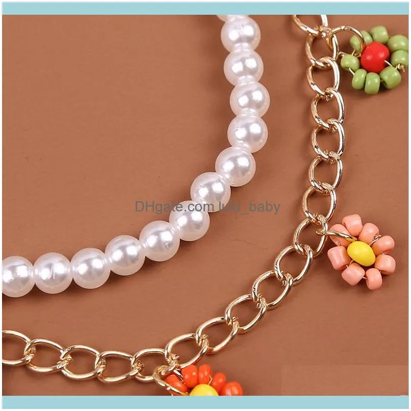 Chains 2 Pcs/Set Boho White Pearl Necklaces For Women Trendy Gold Color Metal Chain Handmade Beaded Flower Pendants Necklace Jewelry
