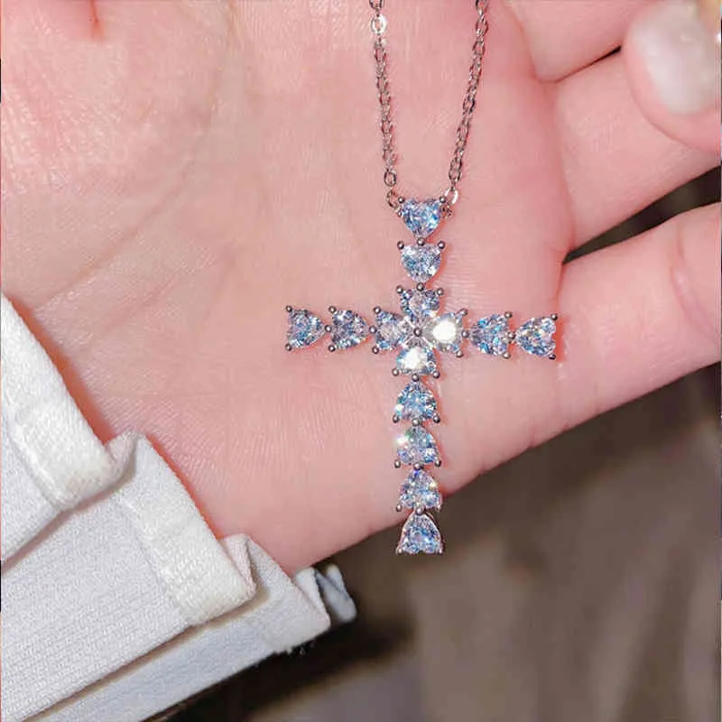 Charme romantique brillant CZ croix pendentif collier de luxe solide 925 argent clavicule chaîne collier pour dame bijoux fins 2021