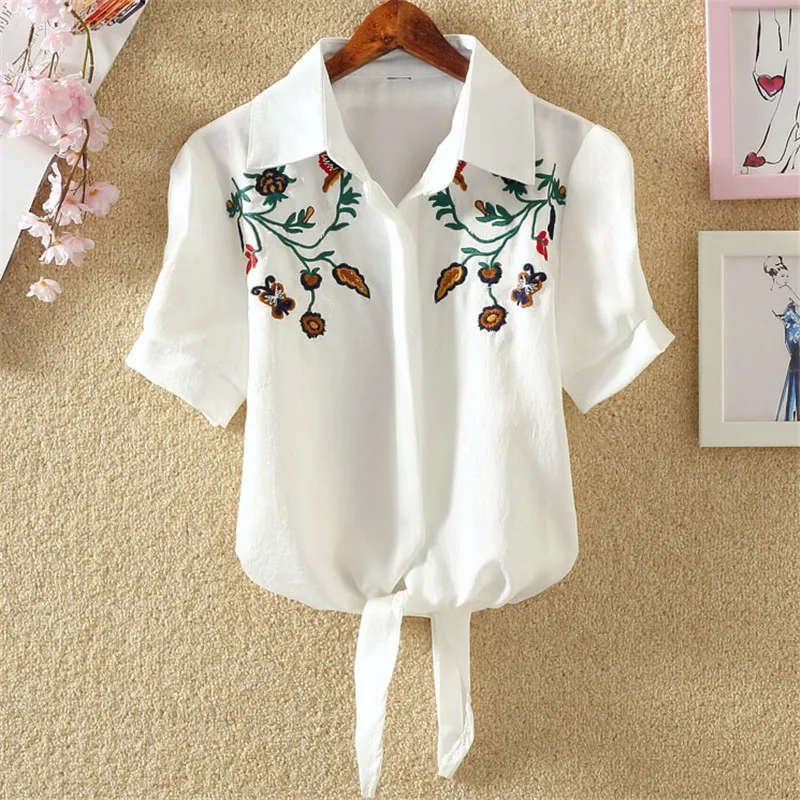 Women Blouse Embroidery Shirts 2021 Korean Short Sleeve Flower Embroidery Blouse Lady Summer Top Plus Size Female Clothes