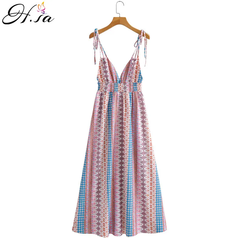 H.SA Women Long Maxi Strap Sexy Beach Vestidos Retre Vintage Pleated Party Boho Longo Stroped Geometric Dress 210417