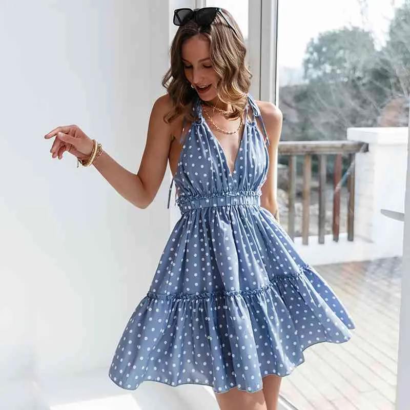 Spaghetti Strap Seksowna Sukienka Dla Kobiet Letnia Plaża Sundress Błękitna V-Neck Polka Dot Kobiet Party Dresses Backless High Waist Vestido 210422